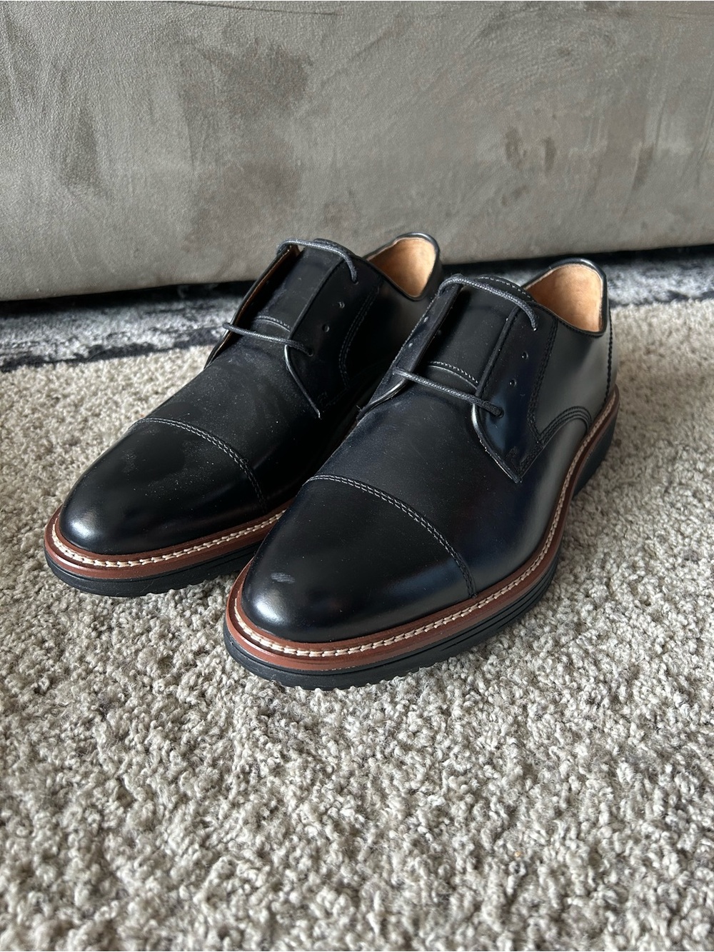 Johnston & Murphy Black Cap-Toe Derby with Brown Welt